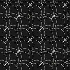 Vector geometric linear pattern. Art deco style seamless background with thin curved lines, fish scale ornament, diagonal grid, lattice. Black and white abstract texture. Dark repeat minimal design © Olgastocker