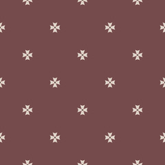 Vector geometric floral ornament. Simple minimalist seamless pattern. Ornamental texture with small flower shapes, cross. Brown and beige abstract background. Retro style repeat decorative design