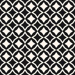 Vector abstract diamond seamless pattern. Stylish black and white background. Simple geometric ornament with floral silhouettes, stars, rhombuses, square grid. Modern graphic texture. Repeat design