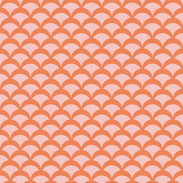 Vector geometric seamless pattern in retro vintage style. Simple abstract pink and orange background with curved shapes, fish scale, peacock ornament, mesh. Subtle minimal geo texture. Repeat design