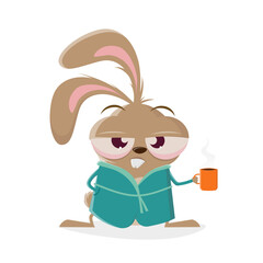 funny cartoon rabbit in bathrobe with cup of coffee