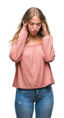 Fototapeta premium Beautiful young blonde woman over isolated background with hand on head for pain in head because stress. Suffering migraine.
