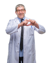Handsome senior doctor, scientist professional man wearing white coat over isolated background...