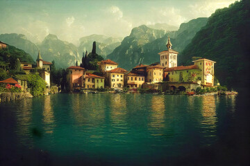 Fototapeta na wymiar Beautiful fantasy italian village next to a lake, mountains, clouds, fantasy background wallpaper, CG illustration