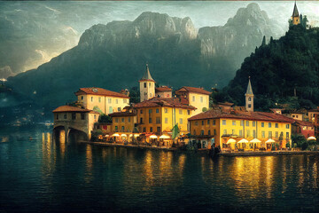 Beautiful fantasy italian village next to a lake, mountains, clouds, fantasy background wallpaper, CG illustration