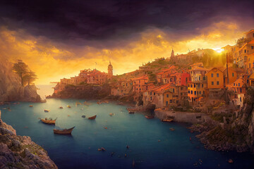Fototapeta premium Beautiful fantasy italian village next to a lake, mountains, clouds, fantasy background wallpaper, CG illustration
