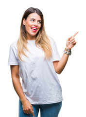 Young beautiful woman casual white t-shirt over isolated background with a big smile on face,...