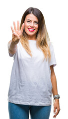 Obraz premium Young beautiful woman casual white t-shirt over isolated background showing and pointing up with fingers number four while smiling confident and happy.