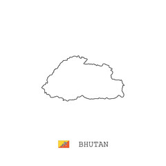 Bhutan vector map outline, line, linear. Bhutan black map on white background. Bhutan flag
