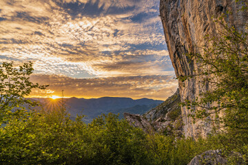 Sunset in the climbing area called Aguja de Sobia, in Pena Sobia in Teberga, Teverga, Asturias.