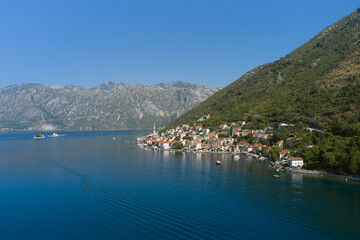Fototapeta na wymiar Aerial view of coastal town of Perast in Montenegro, seascape with small town