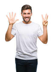 Young handsome man over isolated background showing and pointing up with fingers number eight while smiling confident and happy.