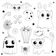 Cute Halloween doodles, black and white. Vector halloween set. Design for holiday party sign or logo, scrap booking, posters, greeting cards, banners, textiles.