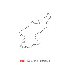 North Korea vector map outline, line, linear. North Korea black map on white background. North Korea flag