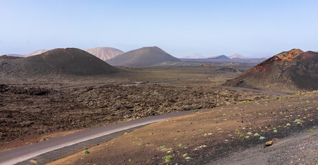 Volcanoes in Timanfaya National Park on Lanzarote, Canary Islands, Spain.