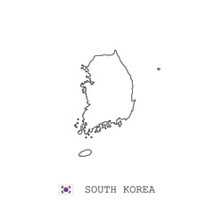 South Korea vector map outline, line, linear. South Korea black map on white background. South Korea flag