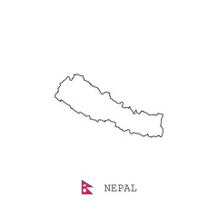 Nepal vector map outline, line, linear. Nepal black map on white background. Nepal flag