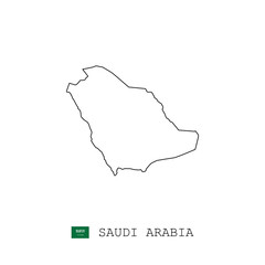 Saudi Arabia vector map outline, line, linear. Saudi Arabia black map on white background. Saudi Arabia flag