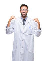 Adult hispanic scientist or doctor man wearing white coat over isolated background looking...