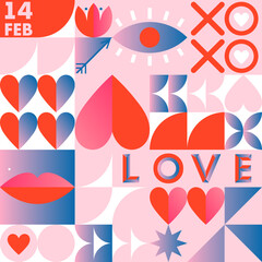 Valentines Day seamless pattern template.Romantic vector wallpaper in bauhaus style with geometric elements and symbols.Modern trendy design for prints,banners,fabric,invitations,branding,covers.