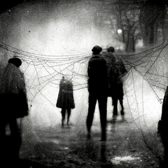 Silhouettes of people trapped in a big spider's web. Creepy painting in black and white. Halloween, death concept. Fantasy horror painting, digital art, artificial intelligence artwork