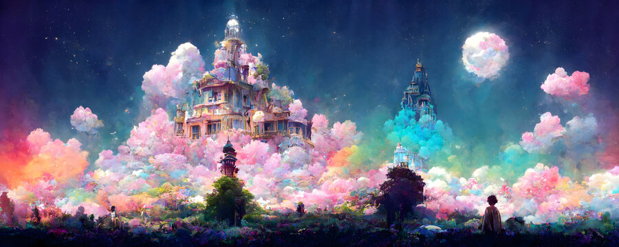 Fairy tale princess castle with pink towers among clouds. Full moon. Digital art illustration