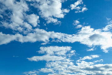 Naklejka na ściany i meble Blue sky with white clouds. Beautiful cloudy sky. Skyward. Endless skyline. The sky at dawn.