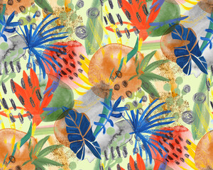 Modern abstract botanical pattern with tropical leaves and korolek strelitzia flowers in pink