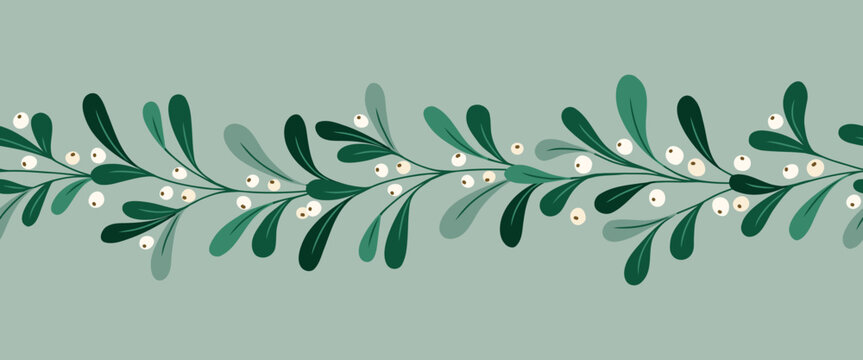 Christmas Foliage and Berries Vector Seamless Horizontal Pattern Border. Mistletoe Twigs. Winter Holidays Festive Washi Tape Print. Festive Botanical Design