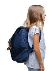 Young beautiful smart student girl wearing backpack over isolated background looking to side, relax...