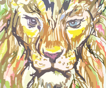 Lion head poster colorful splashes. Abstract predator head sketch for covers,  prints on T-shirts, fashion trends, fabric, cards, wallpapers, interior solutions, etc. Lion's head close-up. Vector