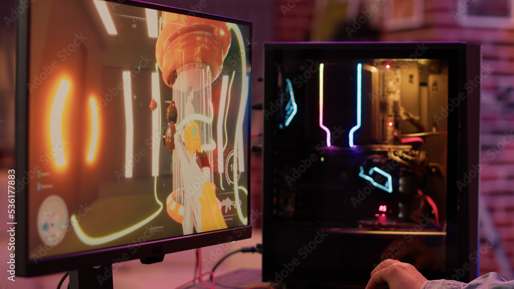 Poster static tripod shot of professional gaming pc setup screen streaming first person shooter online game
