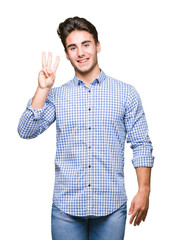 Naklejka premium Young handsome business man over isolated background showing and pointing up with fingers number three while smiling confident and happy.