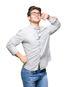 Young handsome man wearing glasses over isolated background stretching back, tired and relaxed, sleepy and yawning for early morning