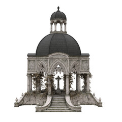 Old gothic building with grave stone in the centre. 3d rendering isolated. - obrazy, fototapety, plakaty