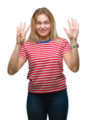 Young caucasian woman over isolated background showing and pointing up with fingers number nine while smiling confident and happy.