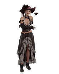 Mock up blank sign held by beautiful woman in steampunk style clothes. 3D rendering isolated.
