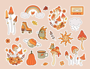 Set of 70s autumn vibe stickers. Retro mushroom, rainbow, pumpkin, butterfly, planet, roller skate in hippy style. Vintage psychedelic groovy vector illustration.