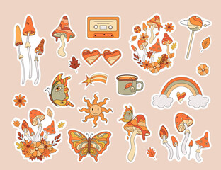 Set of 70s autumn vibe stickers. Retro mushroom, rainbow, glass, butterfly, sun, flowers in hippy style. Vintage psychedelic groovy vector illustration.