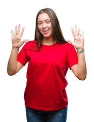 Obraz na płótnie Canvas Young beautiful caucasian woman over isolated background showing and pointing up with fingers number ten while smiling confident and happy.