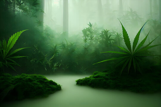 Wild cannabis plantation close-up. Bushes of cannabis. Leaves of narcotic plants for the manufacture of anasha. Digital. art illustration