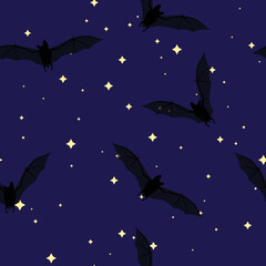 Flock of bats on the background of the starry sky, seamless vector pattern