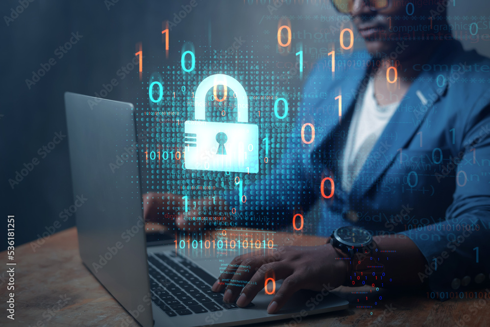 Poster cybersecurity concept business man shows how to protect cyber technology network from attack by hack