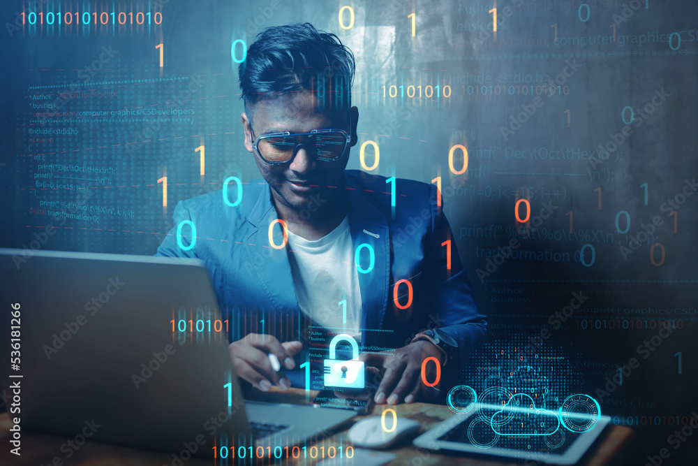 Poster cybersecurity concept business man shows how to protect cyber technology network from attack by hack