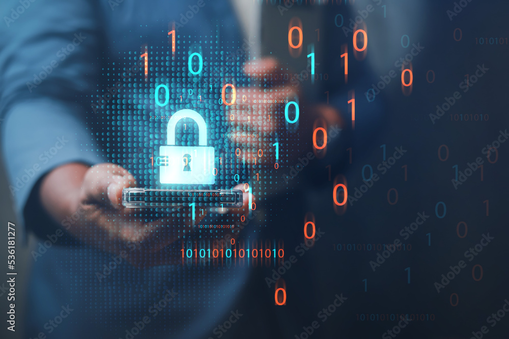 Poster cybersecurity concept business man shows how to protect cyber technology network from attack by hack