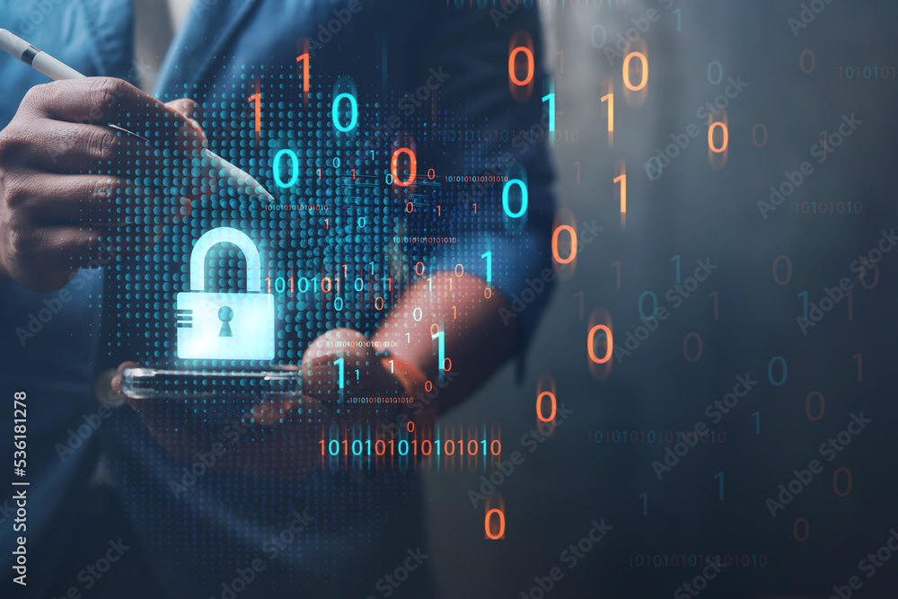 Poster cybersecurity concept business man shows how to protect cyber technology network from attack by hack