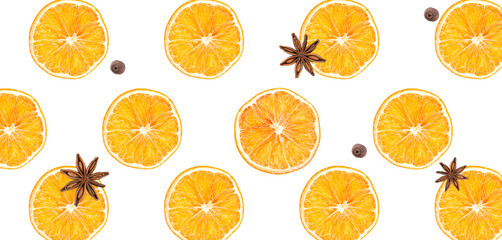 Pattern dried orange and star anise on a white background. Orange pattern, christmas background