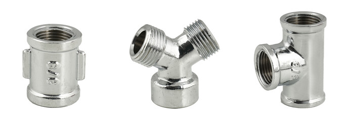 Many Chrome Plated Brass Ball Valves And Different Fittings, Isolated On White Background
