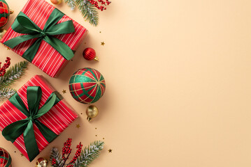 New Year concept. Top view photo of red gift boxes with green ribbon bows baubles mistletoe berries pine branches in snow and confetti on isolated beige background with copyspace