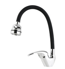 Stylish metallic crane at the kitchen.Shiny faucet at the kitchen,rubber crane in close-up photo.Modern furniture,Silver sink as kitchen equipment, Metallic faucet,white background
